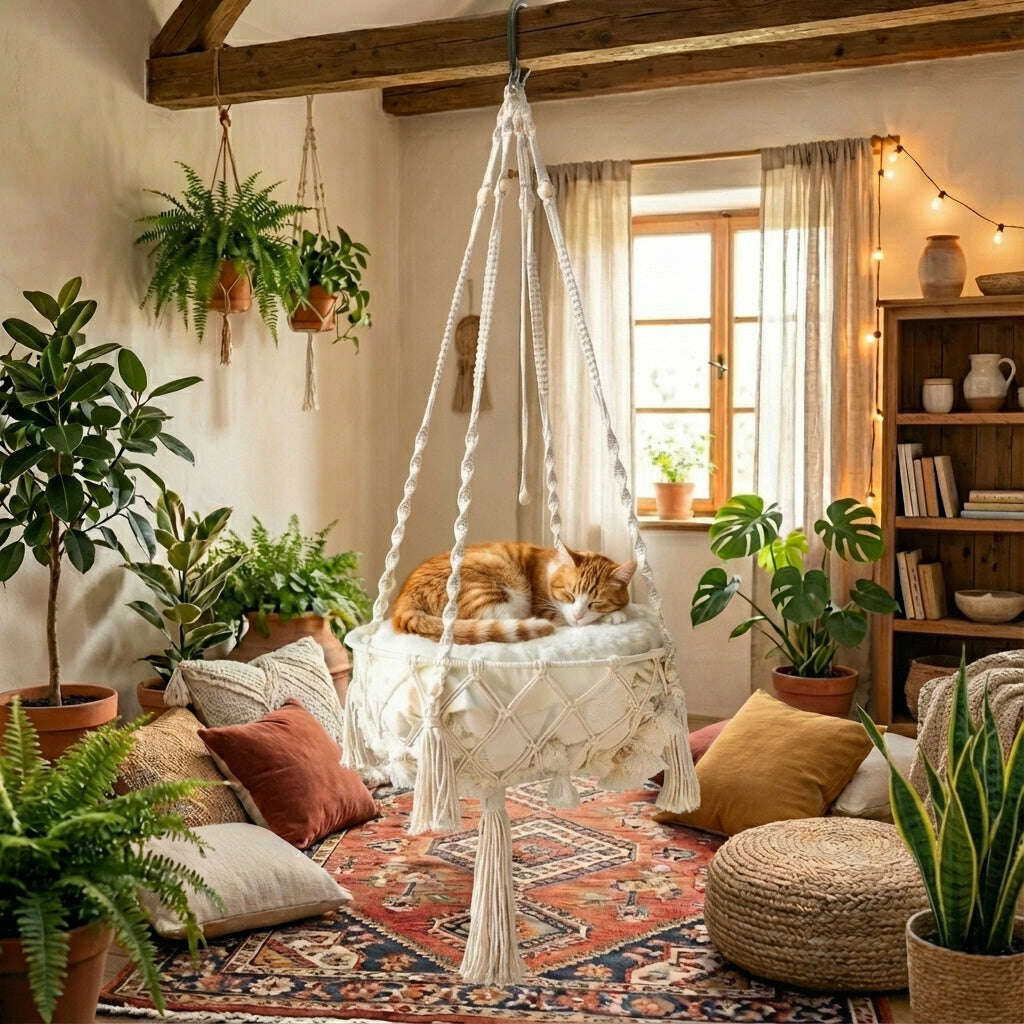 Hamac suspendu pour chat plafond en corde tressée — vue d'ensemble