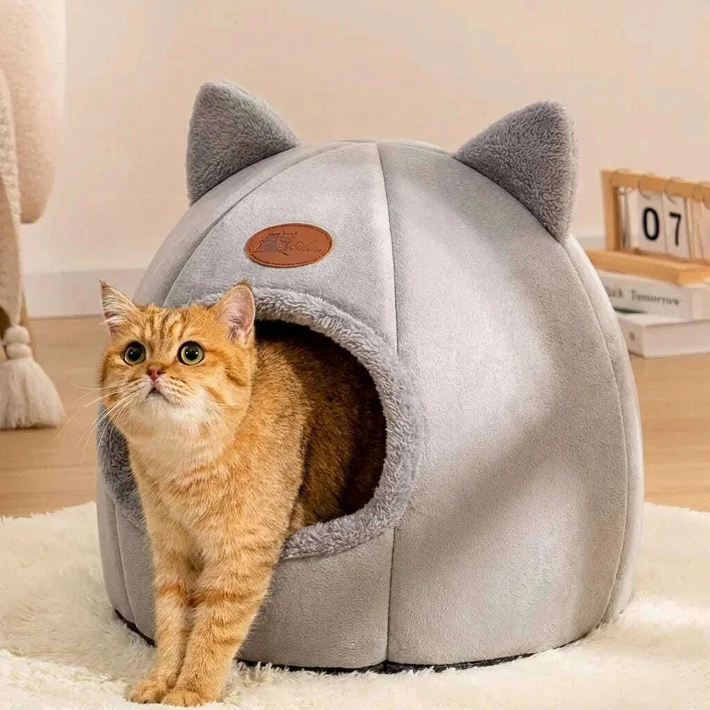 Igloo douillet pour chat en gris — vue arrière