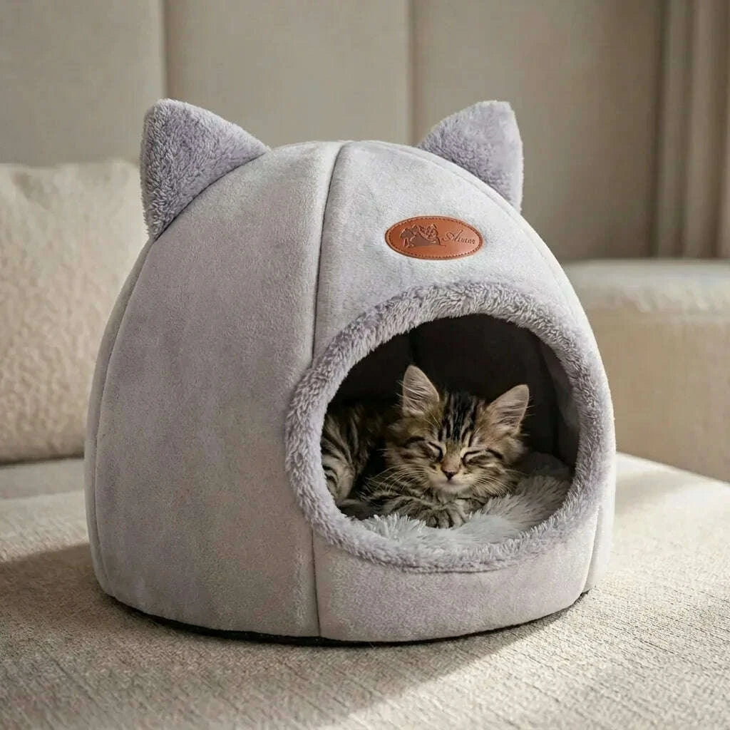 Igloo douillet pour chat en gris — vue de côté