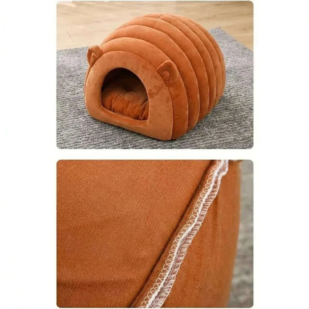 Maison chenille douillette pour chat — vue de côté