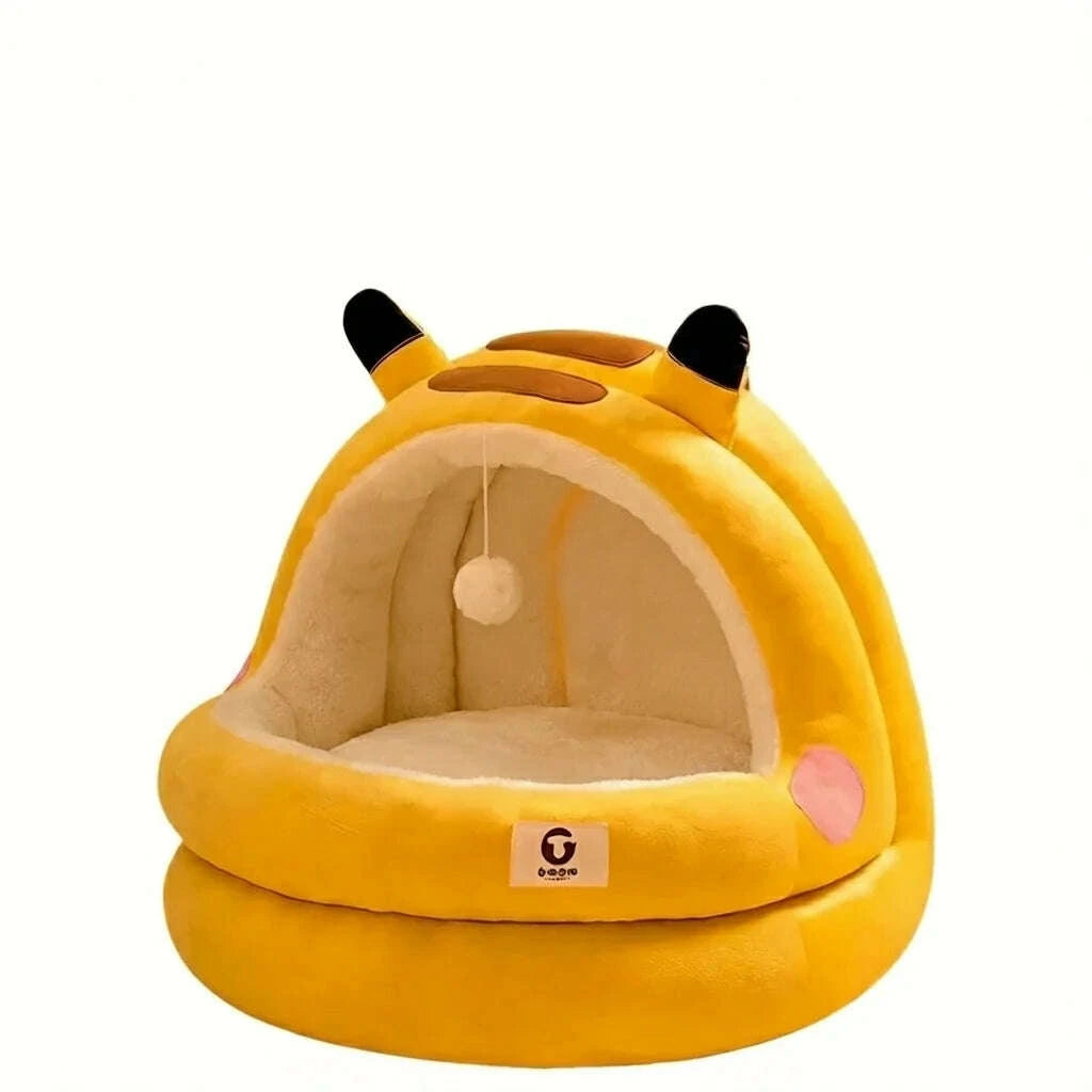 Maison pour chat Pikachu en peluche jaune