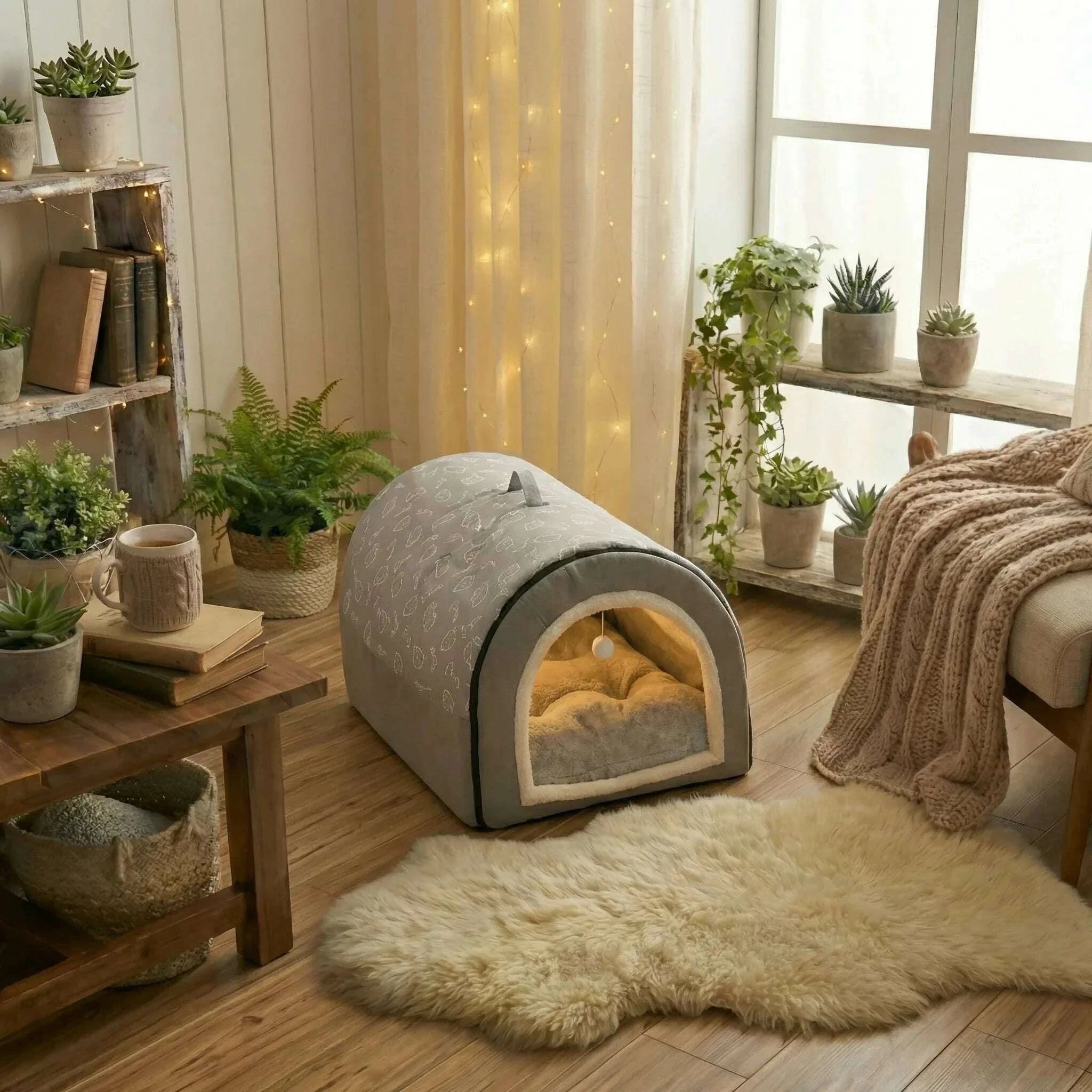 Maison moderne pour chat en gris — vue de côté