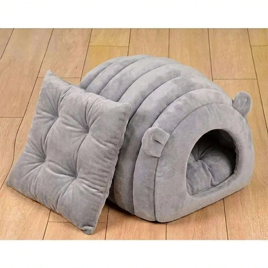 Maison cocoon pour chat en forme de chenille — vue arrière