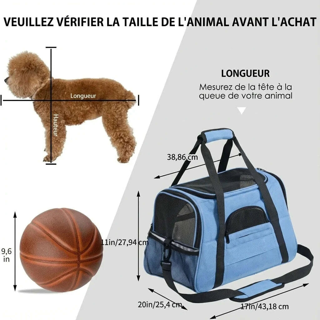Panier de transport respirant pour chat, bleu — vue en perspective