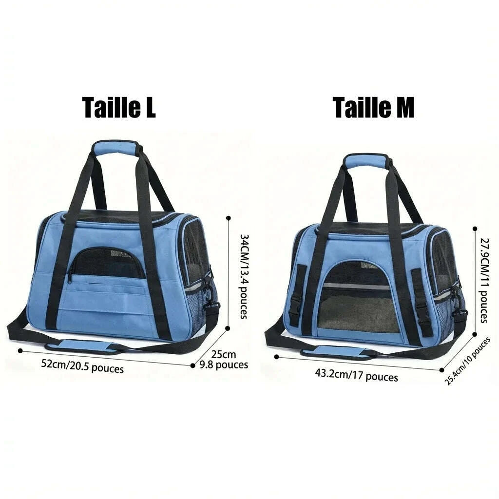 Panier de transport respirant pour chat, bleu — vue en perspective
