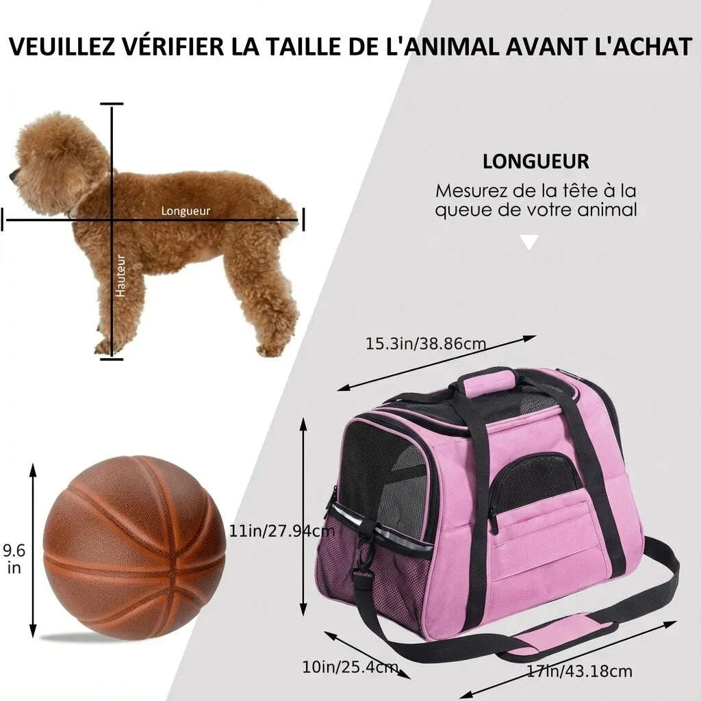 Panier de transport ventilé pour chat rose — vue en perspective