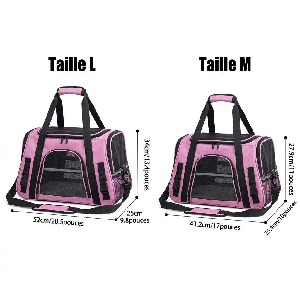 Panier de transport ventilé pour chat rose — vue en perspective