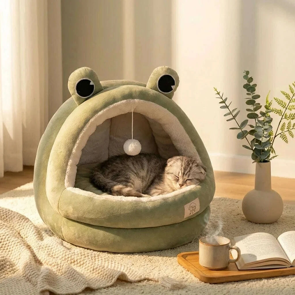 Maison verte pour chat cocon — vue de côté