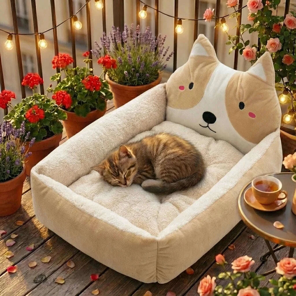 Panier douillet beige pour chat — en situation