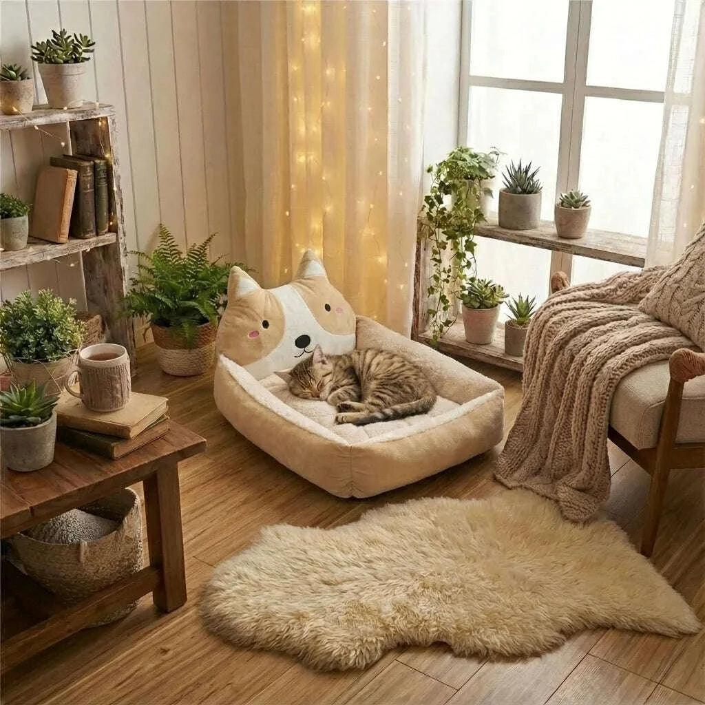 Panier douillet beige pour chat — vue arrière