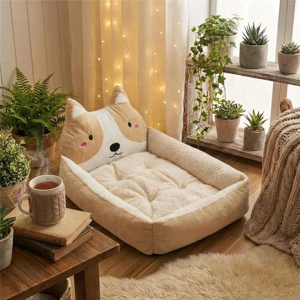 Panier douillet beige pour chat — vue de côté