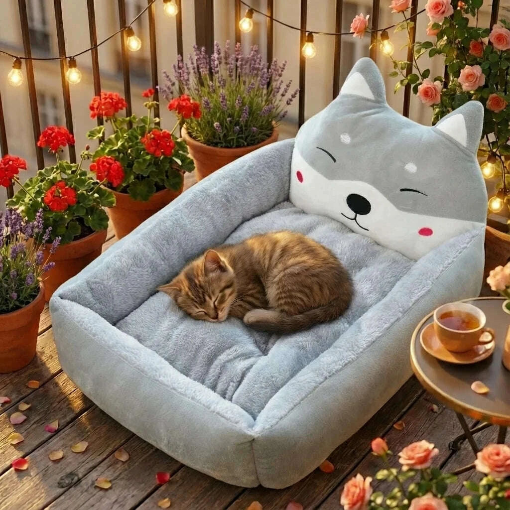 Panier pour chat confortable gris — en situation