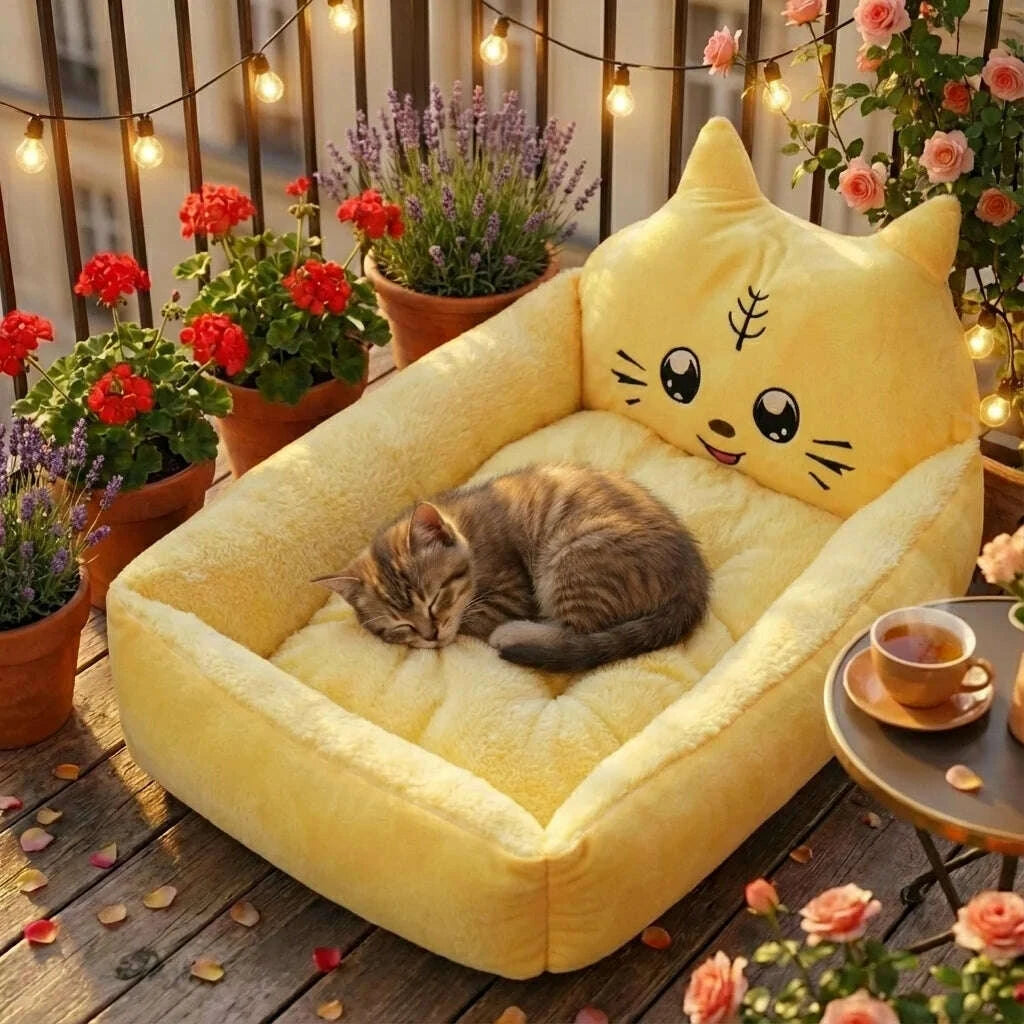 Panier douillet jaune pour chat — en situation