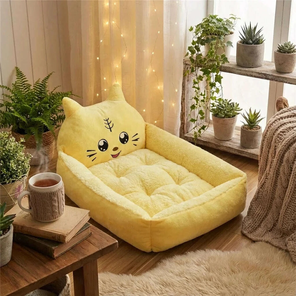 Panier douillet jaune pour chat — vue de côté