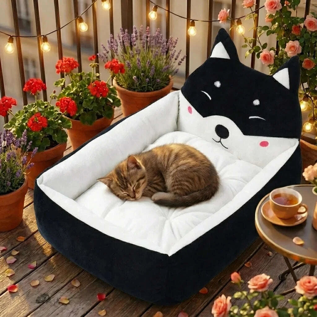 Panier noir douillet pour chat — en situation