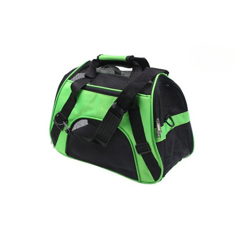 Sac de voyage vert pomme et noir pour chat avec filet aéré, bretelle réglable et poignée, présenté sur fond blanc