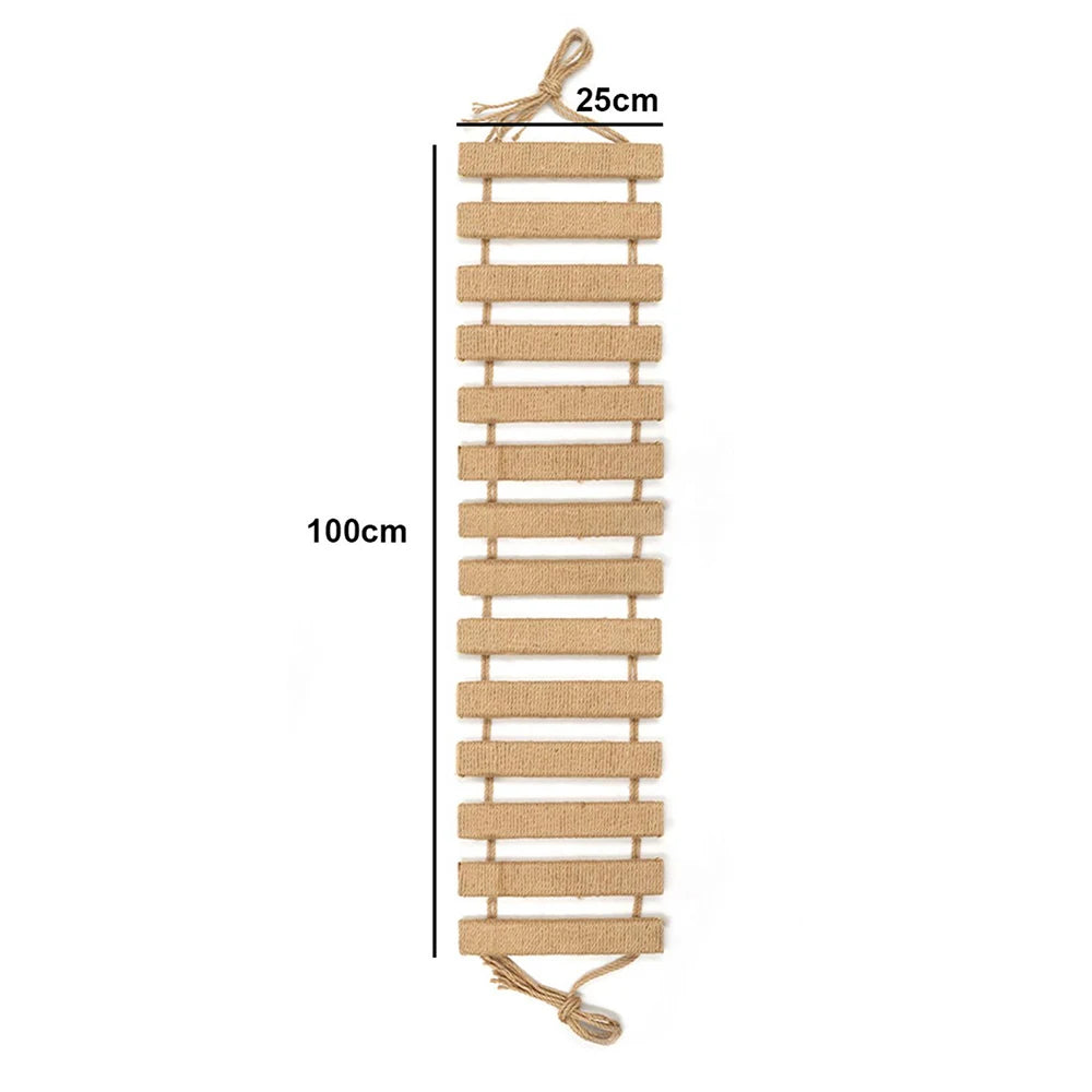 Grand pont mural pour chat à quatorze barreaux gainés de corde, cotes affichées de 100 cm sur 25 cm