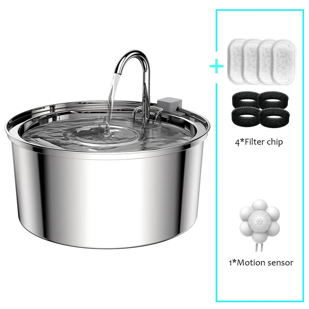 Fontaine à eau pour chat inox 2,2 L — silencieuse, filtrée