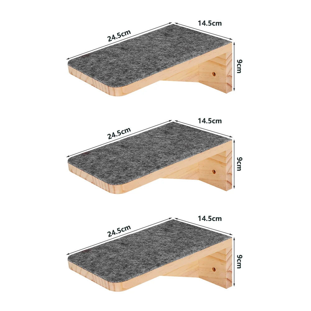 Trois marches murales identiques en bois avec plateau en feutre gris foncé, chacune de 24,5 × 14,5 cm
