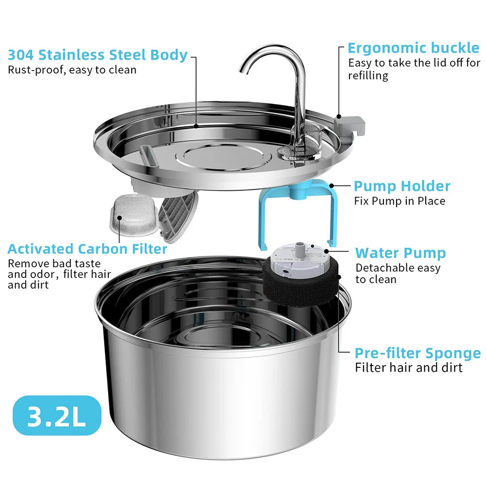 Fontaine à eau pour chat inox 2,2 L — silencieuse, filtrée