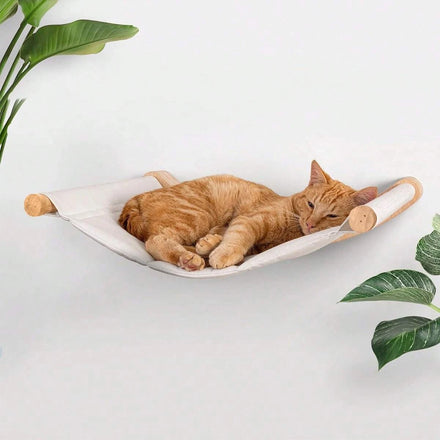 Chat roux endormi dans un hamac mural en toile écrue et bois clair, fixé au mur blanc près de plantes vertes