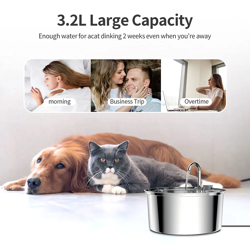 Fontaine à eau pour chat inox 2,2 L — silencieuse, filtrée