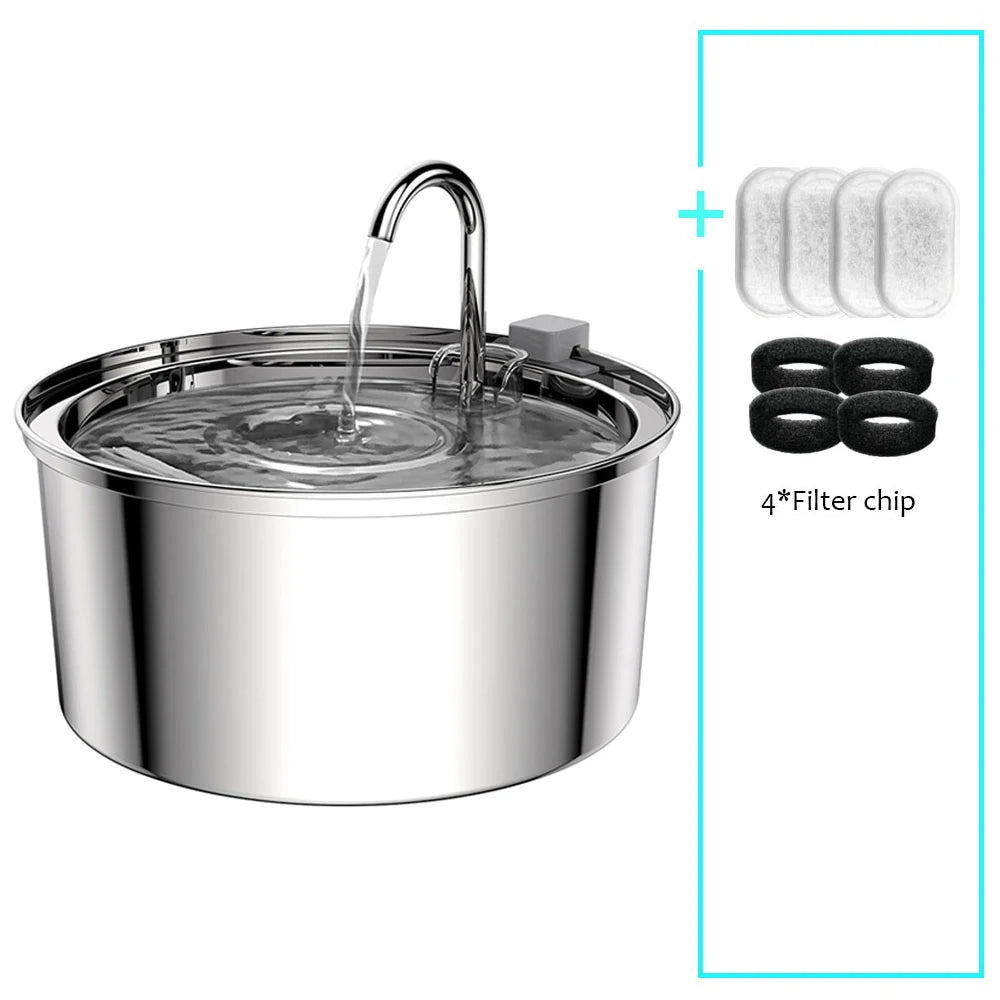 Fontaine à eau pour chat inox 2,2 L — silencieuse, filtrée