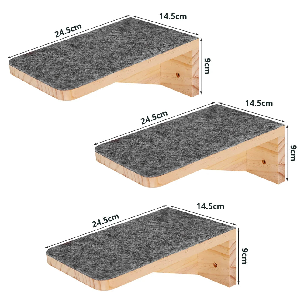 Schéma de trois marches murales en bois à revêtement feutre gris : 24,5 × 14,5 cm, 9 cm de haut