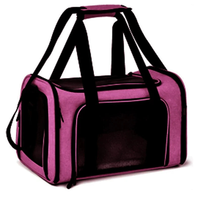 Sac de transport pour chat rose fuchsia avec anses noires et panneau avant en filet respirant