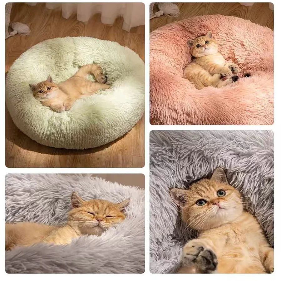 Faux fur donut cat beds in multiple colors with cats