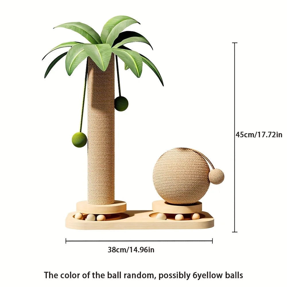 Arbre à chat cocotier en sisal avec feuilles vertes, boule griffoir et base en bois sur fond blanc