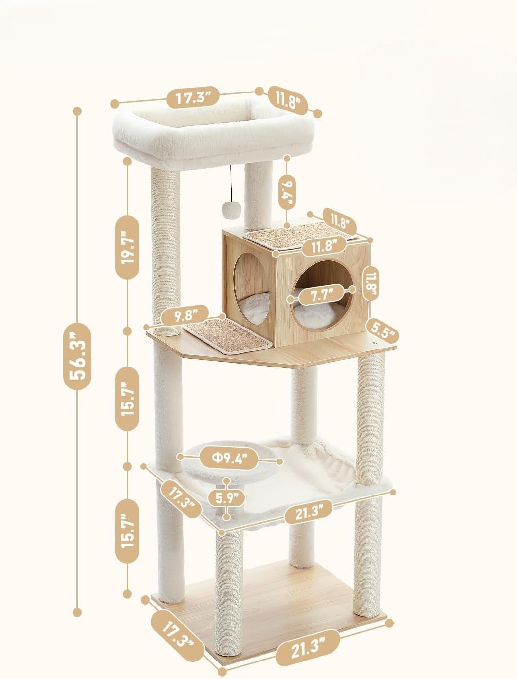 Arbre à chat en bois multi-niveaux — vue en perspective