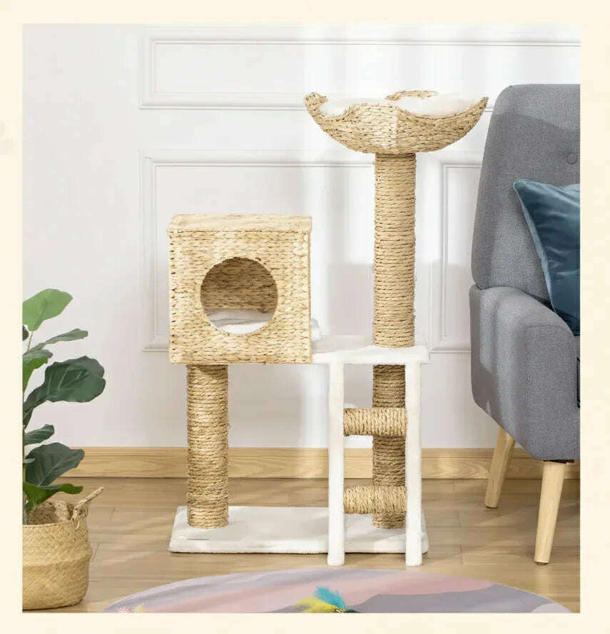 Arbre à chat en osier tressé design — vue de côté