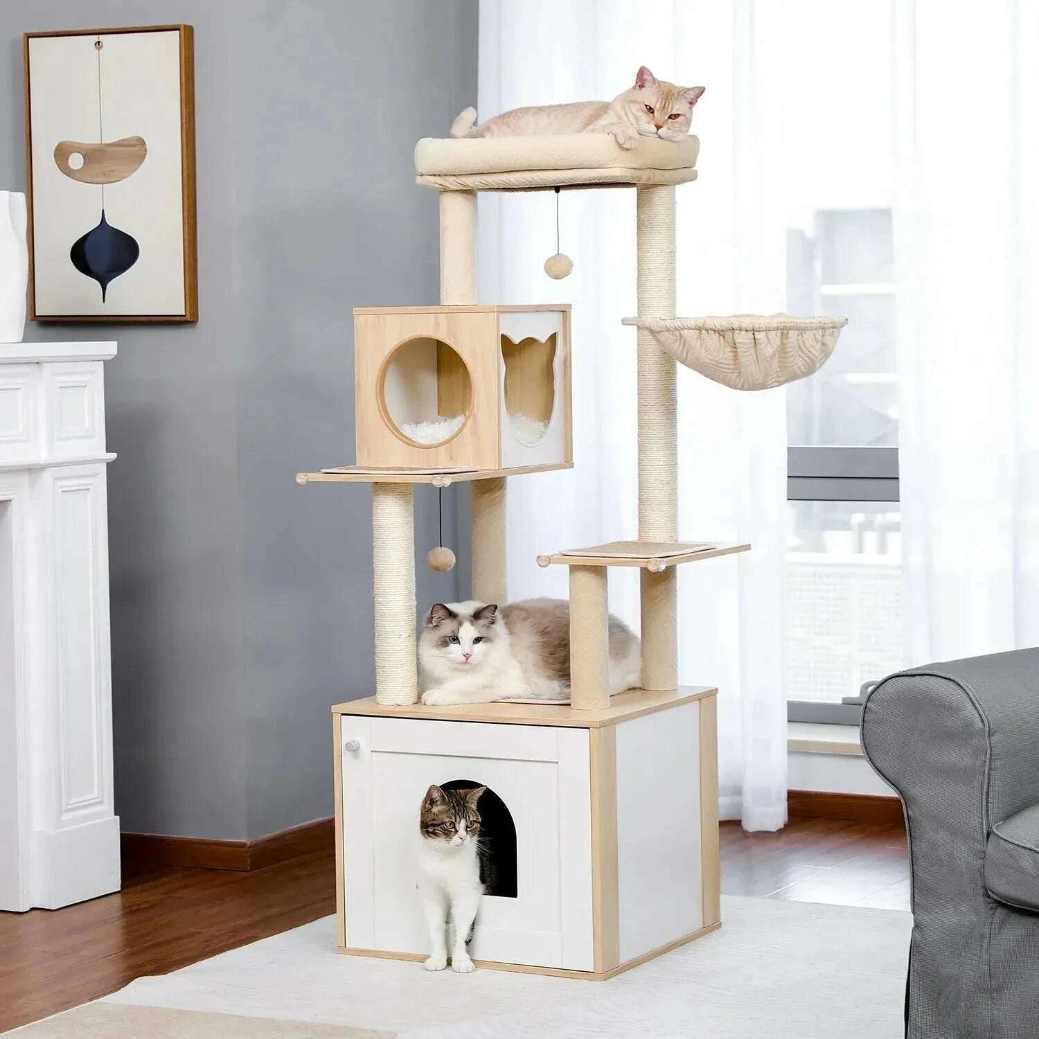 Arbre à chat bois avec cache litière intégré — vue d'ensemble