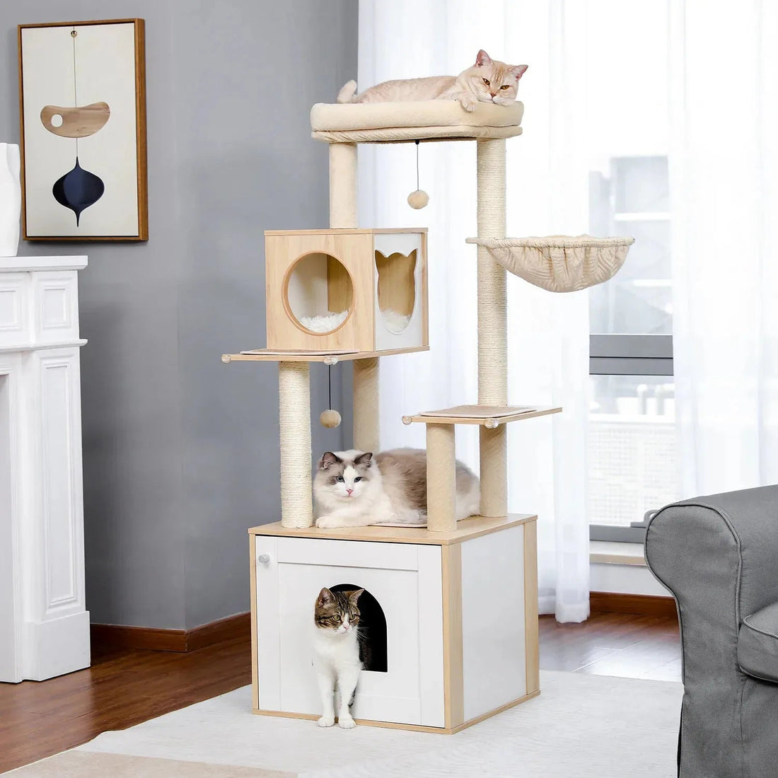 Arbre à chat en bois litière salon
