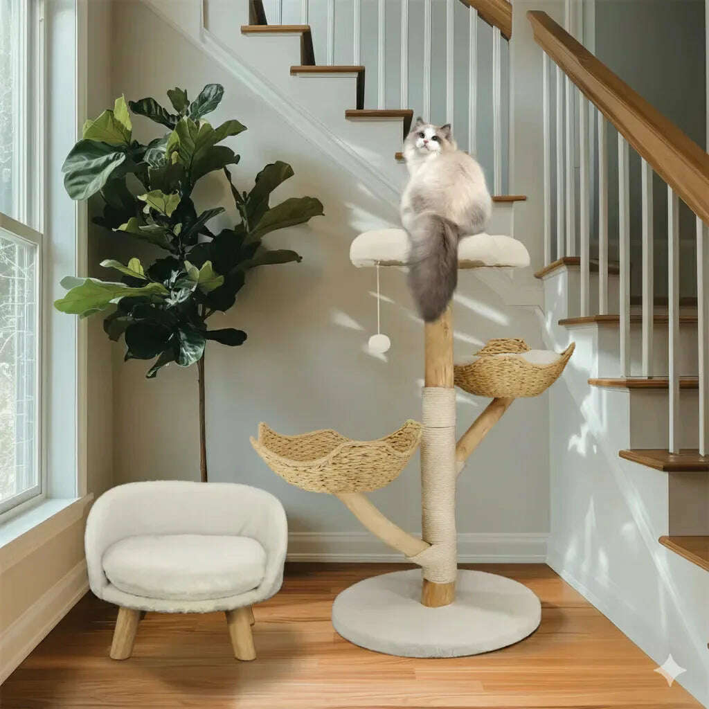 Arbre à chat en bois massif avec paniers tressés — vue arrière