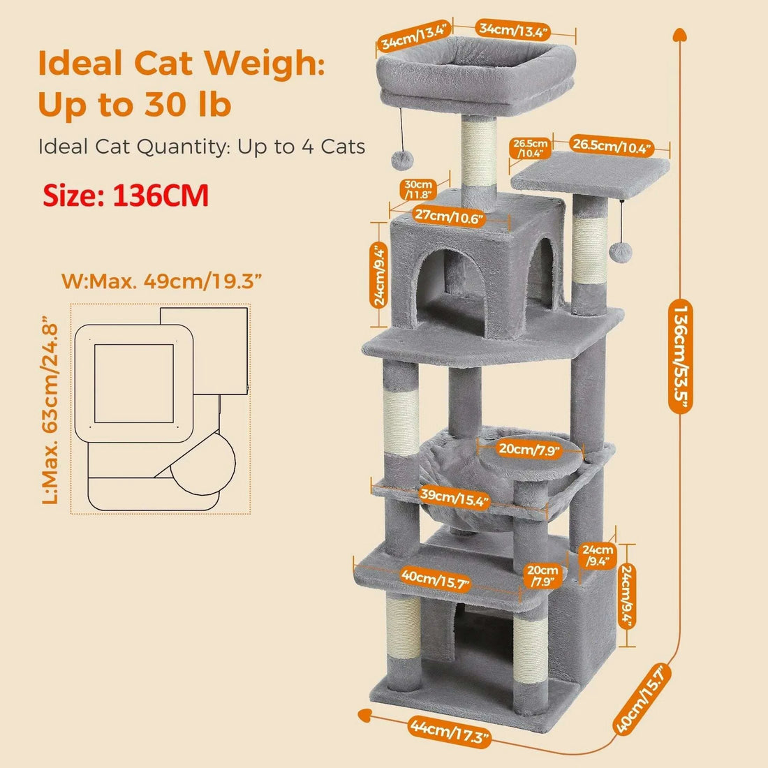 Arbre à chat XXL robuste et confortable — vue en perspective