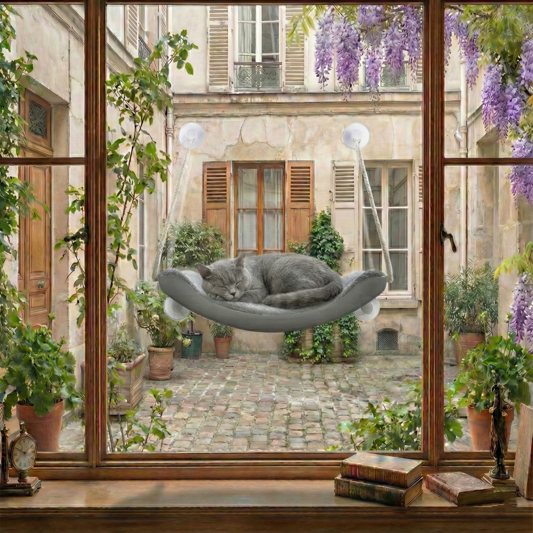 Hamac pour chat de fenêtre en tissu gris — vue d'ensemble