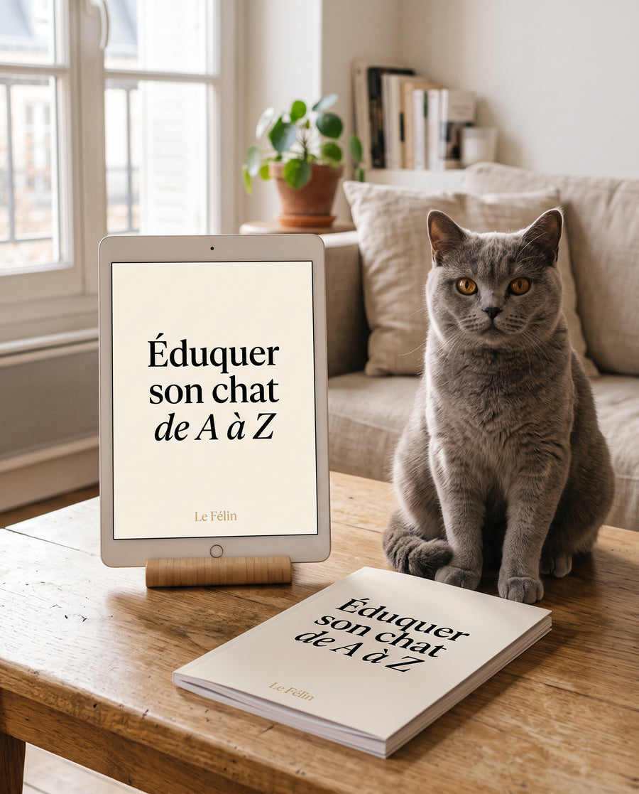 Formation Éduquer son chat de A à Z : le PDF sur tablette et en version imprimée, avec un chat british shorthair