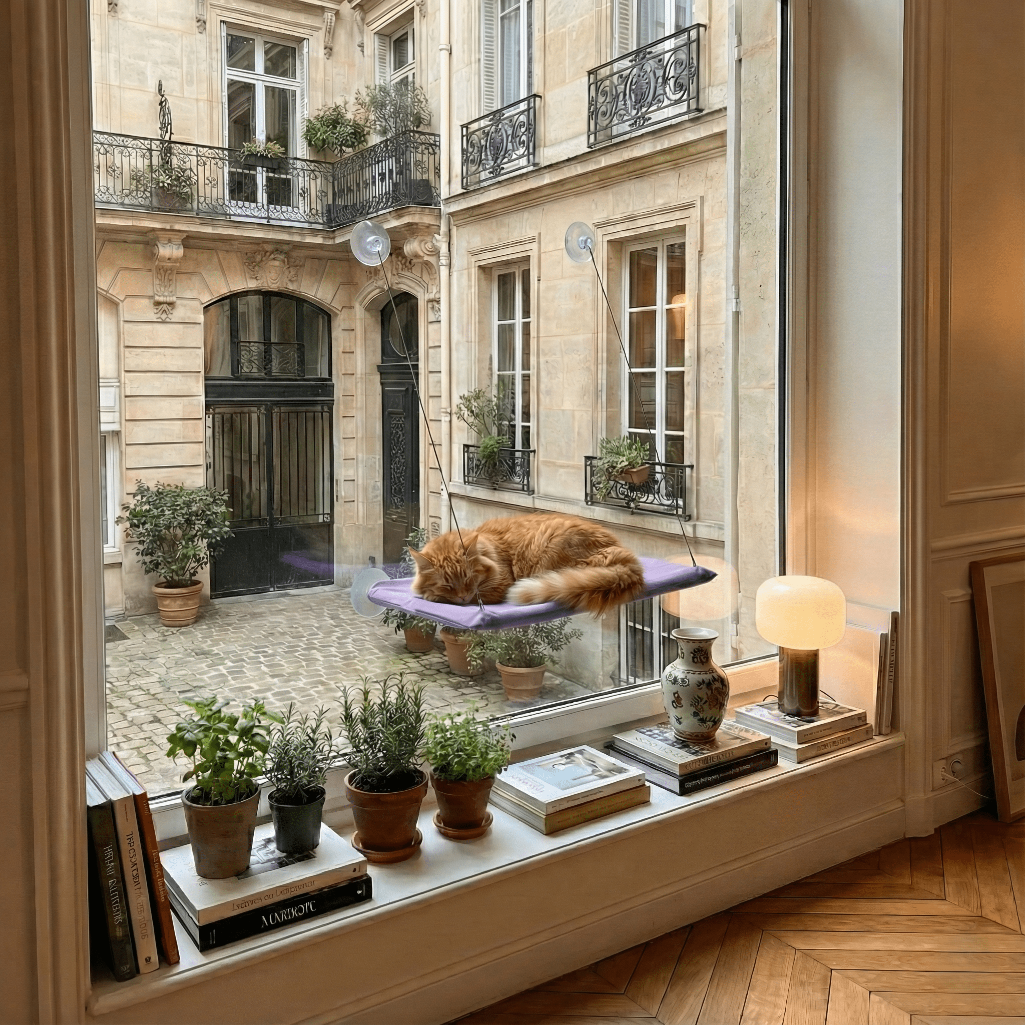 Hamac pour chat violet à ventouse — vue d'ensemble