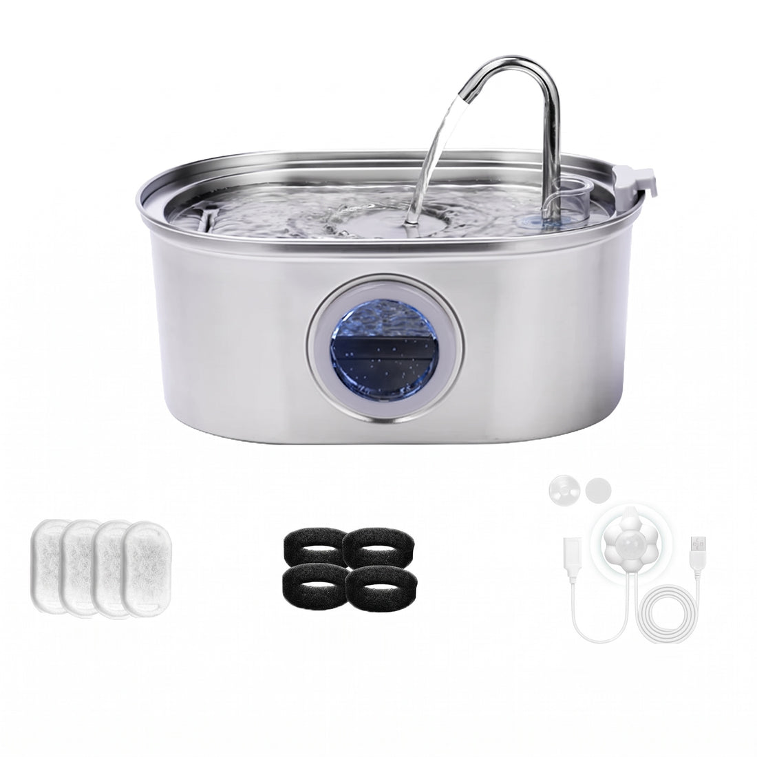 Fontaine inox à col de cygne avec 4 filtres à charbon, 4 mousses noires et une pompe USB blanche en accessoires