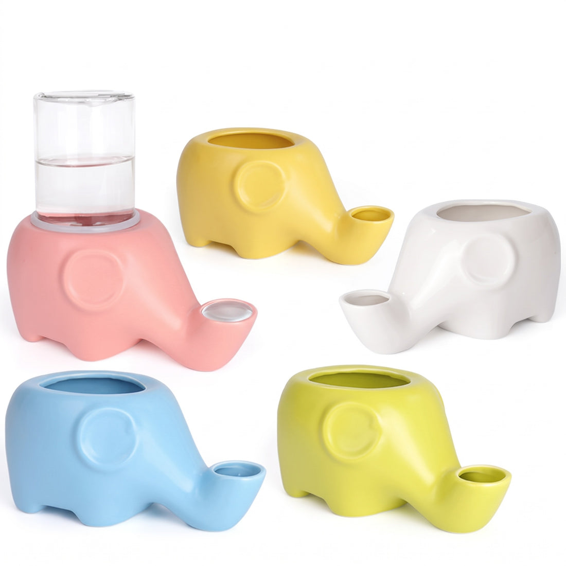 Fontaine à eau pour chat en céramique bleue en forme d'éléphant, avec réservoir en verre transparent