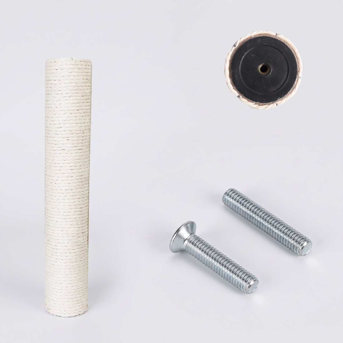 Colonne de sisal crème accompagnée de son culot noir et de deux vis métalliques galvanisées, dont une à tête plate