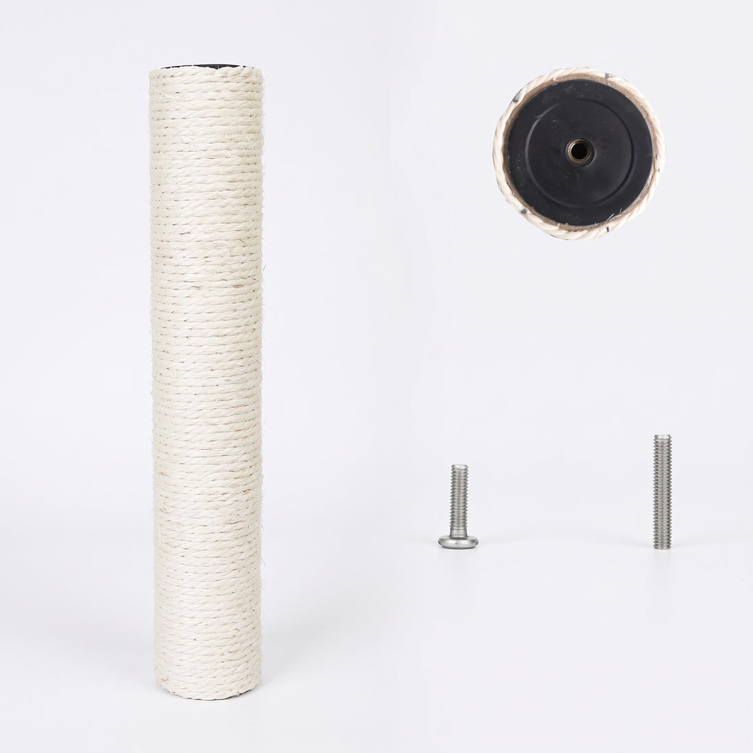 Rechange en corde de sisal beige avec culot noir et deux vis grises, une tige filetée et une vis à tête bombée