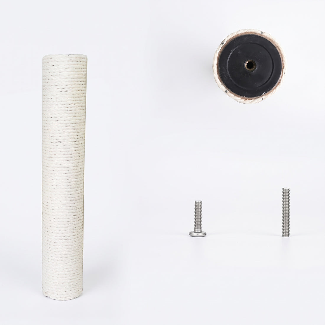 Petit poteau de sisal épais et tressé, culot noir à écrou de laiton, vis et tige filetée présentées à côté