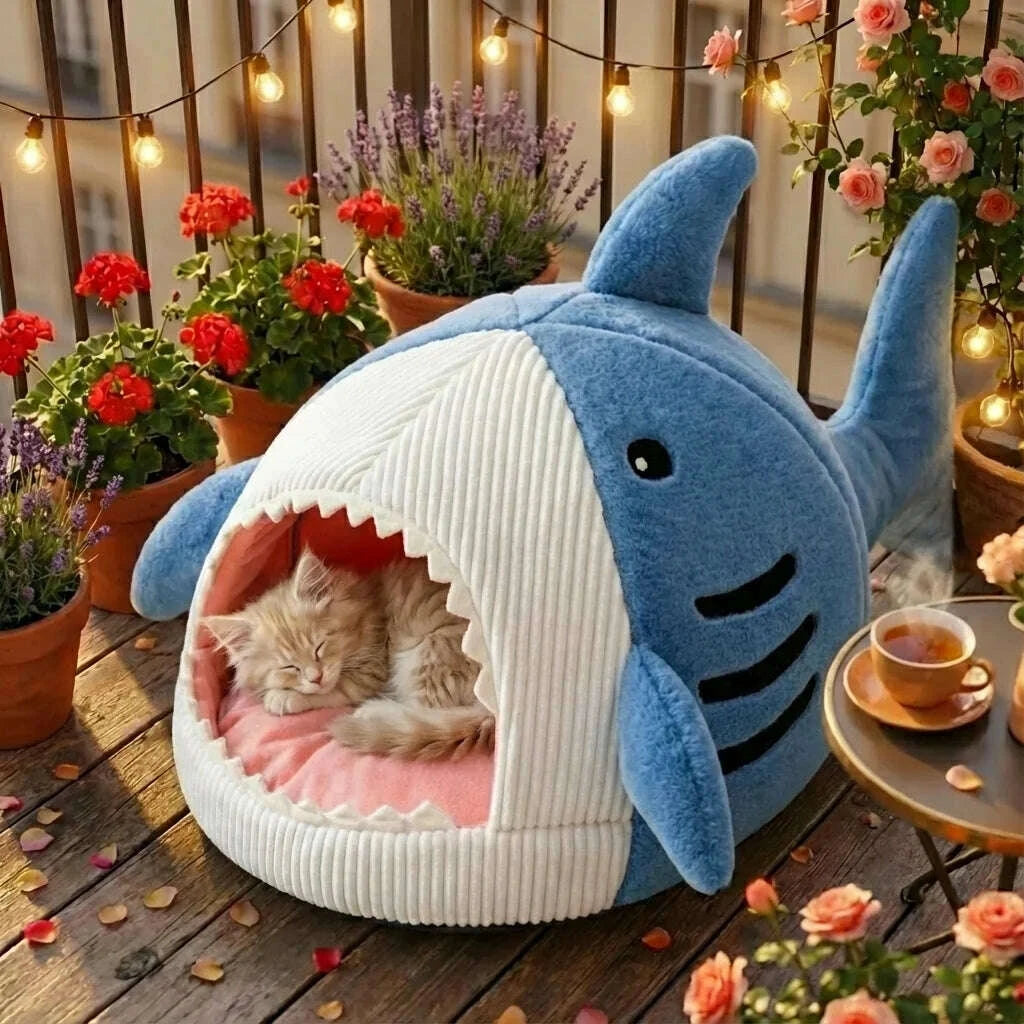 Maison requin pour chat en tissu doux — vue en perspective