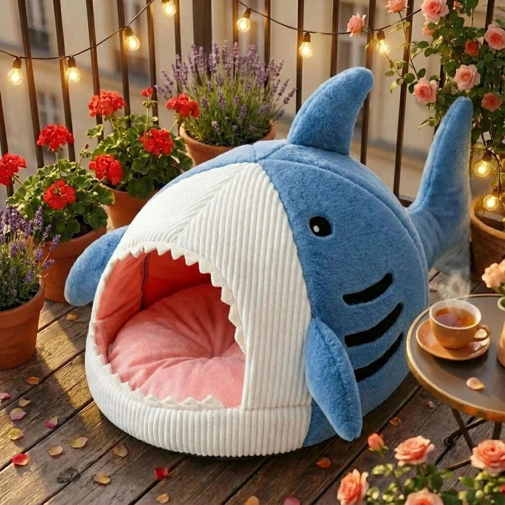 Maison requin pour chat en tissu doux — vue en perspective
