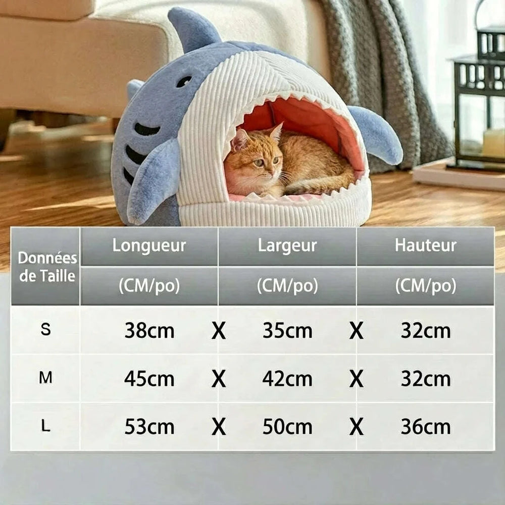 Maison requin pour chat en tissu doux — vue en perspective