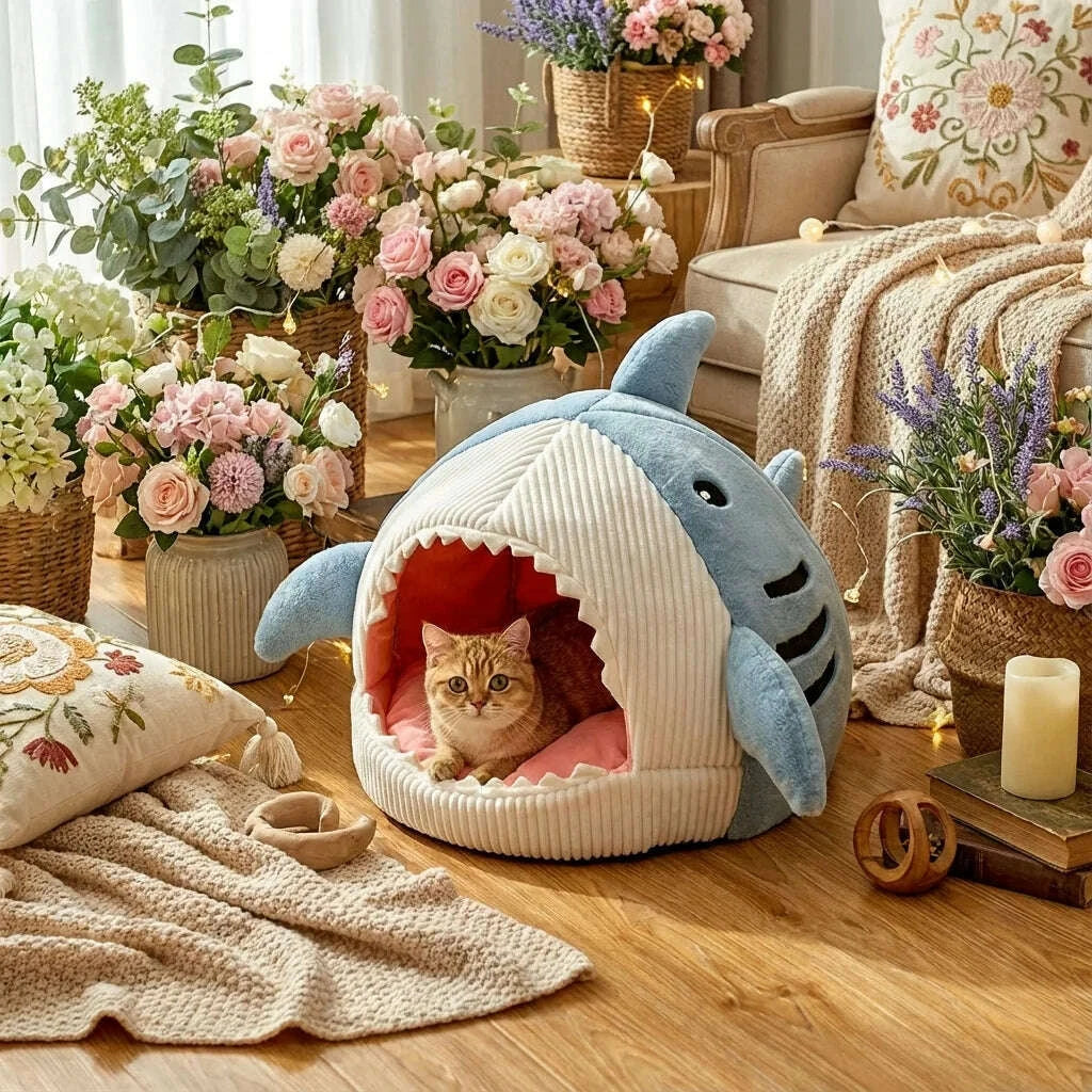 Maison requin pour chat en tissu doux — vue de côté