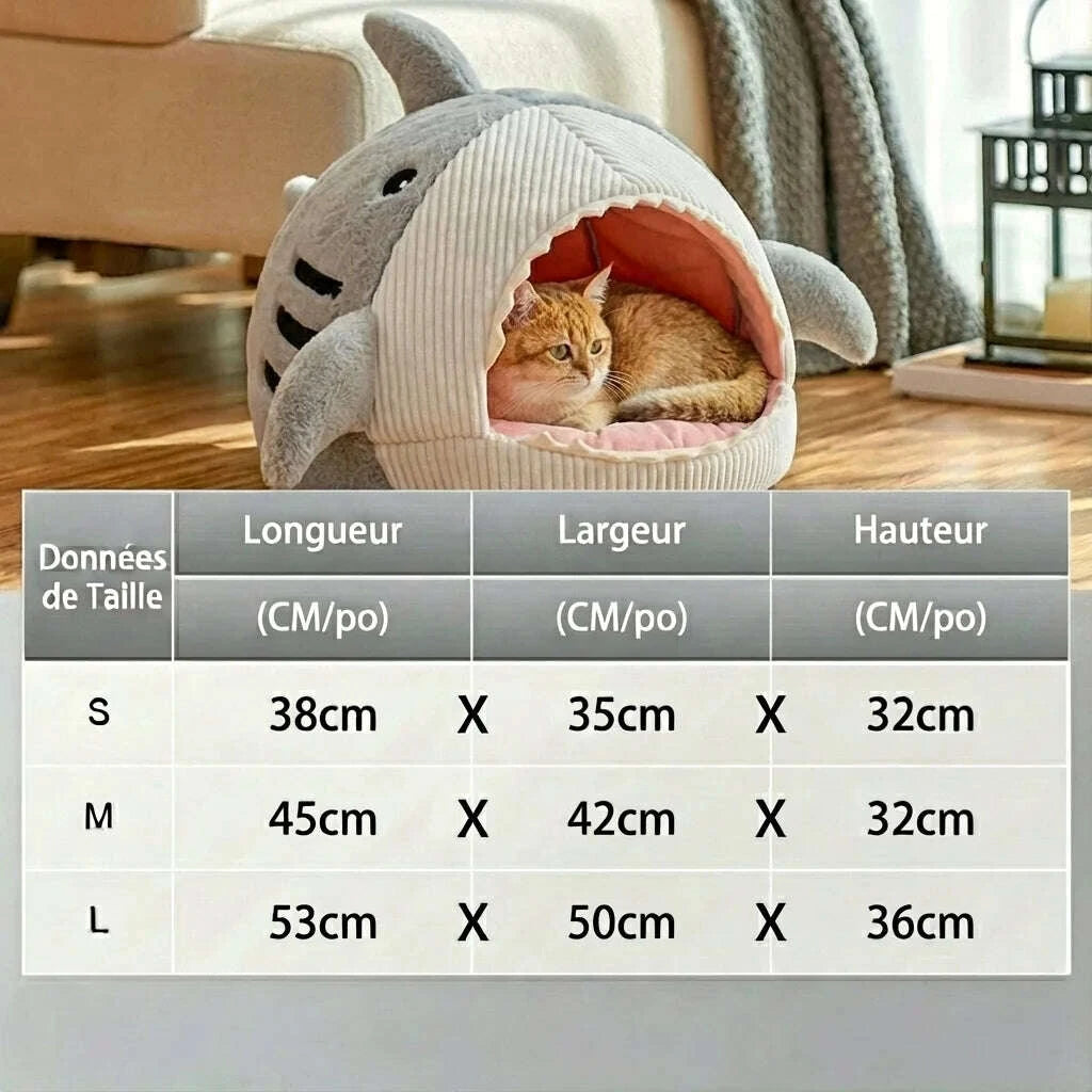 Maison pour chat en forme de requin gris — vue en perspective